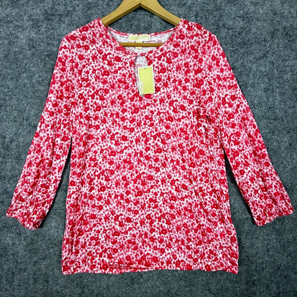 Michael‎ Kors Blouse Top Womens Medium Pink White Floral Coastal Grandma Summery